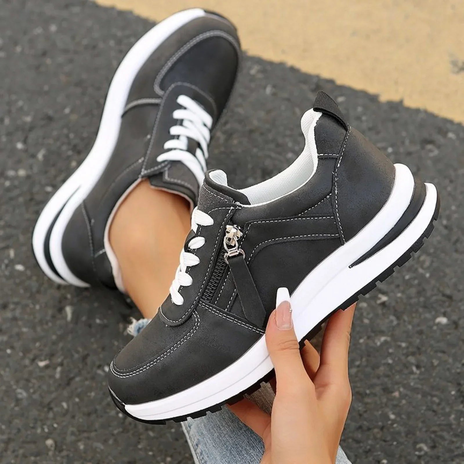 Women's Platform Sneakers Lace Up Side Zipper – Chunky Sole Casual