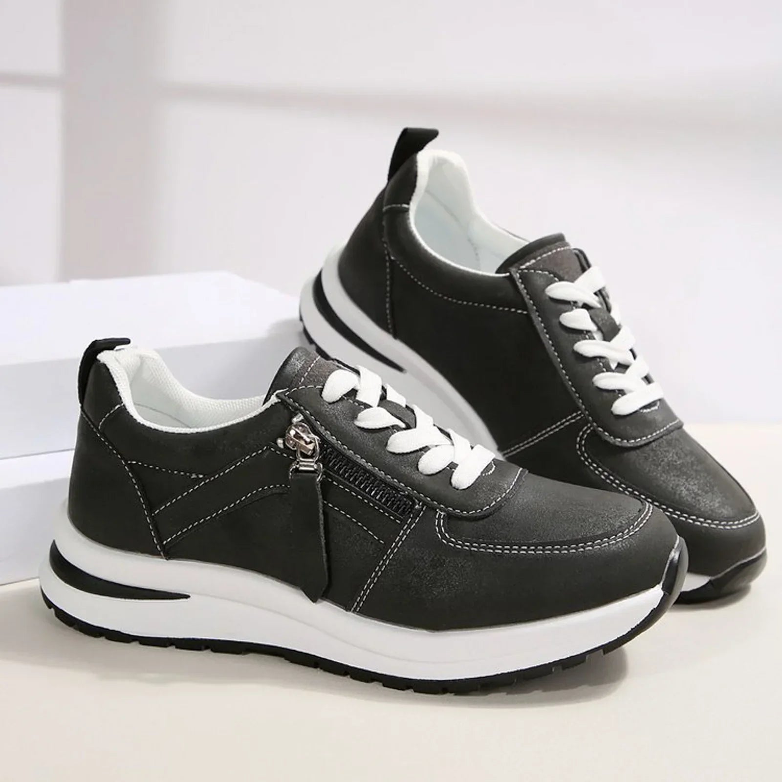Women's Platform Sneakers Lace Up Side Zipper – Chunky Sole Casual