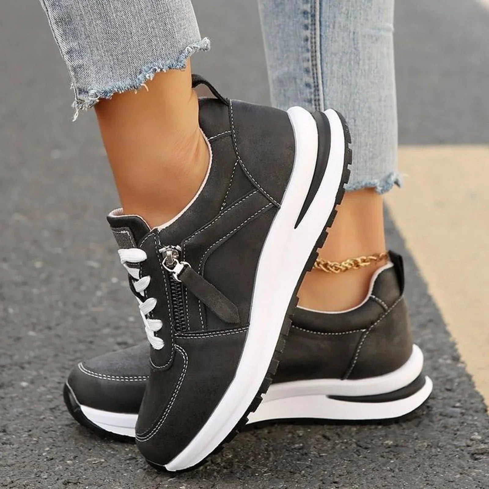 Women's Platform Sneakers Lace Up Side Zipper – Chunky Sole Casual