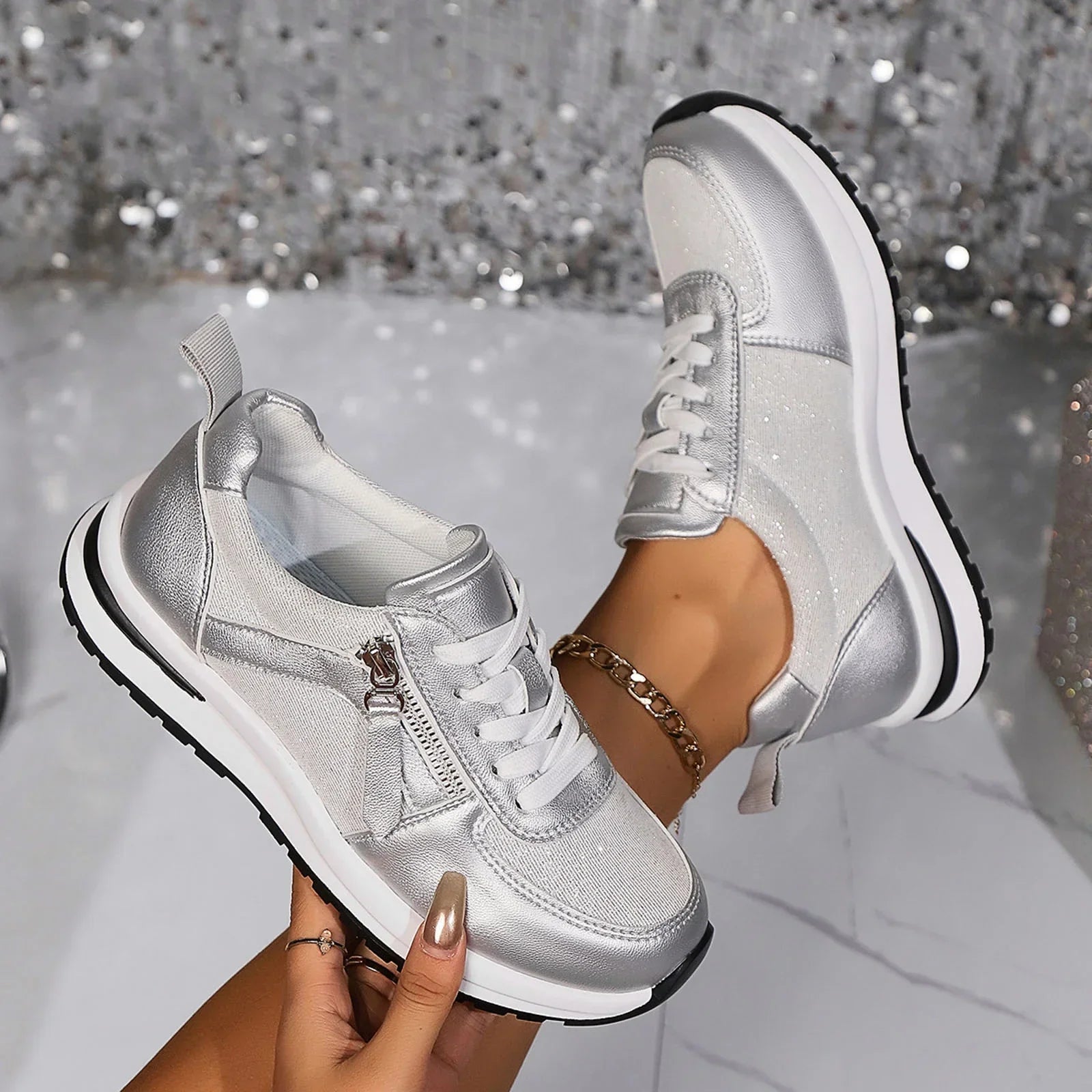 Women's Platform Sneakers Lace Up Side Zipper – Chunky Sole Casual