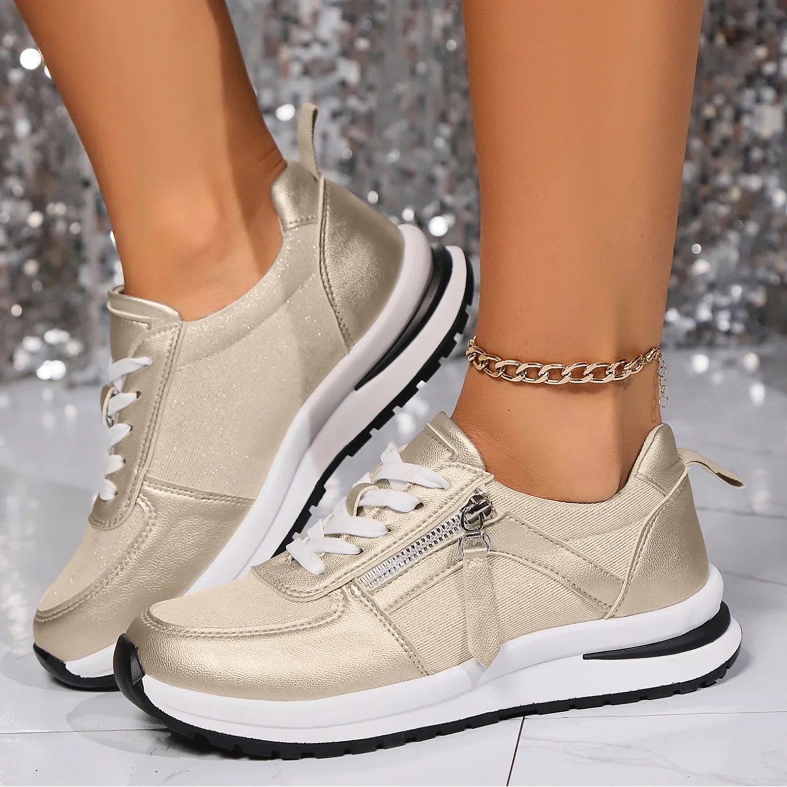 Women's Platform Sneakers Lace Up Side Zipper – Chunky Sole Casual