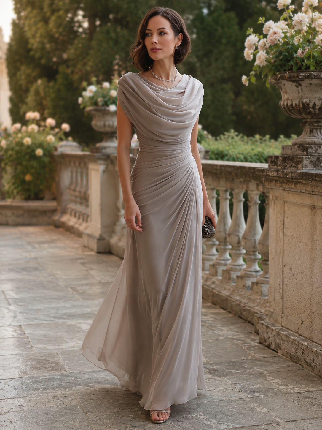 Women's Pleated Maxi Dress Draped Cowl Neck Sleeveless – Wedding Guest