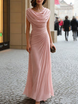 Women's Pleated Maxi Dress Draped Cowl Neck Sleeveless – Wedding Guest