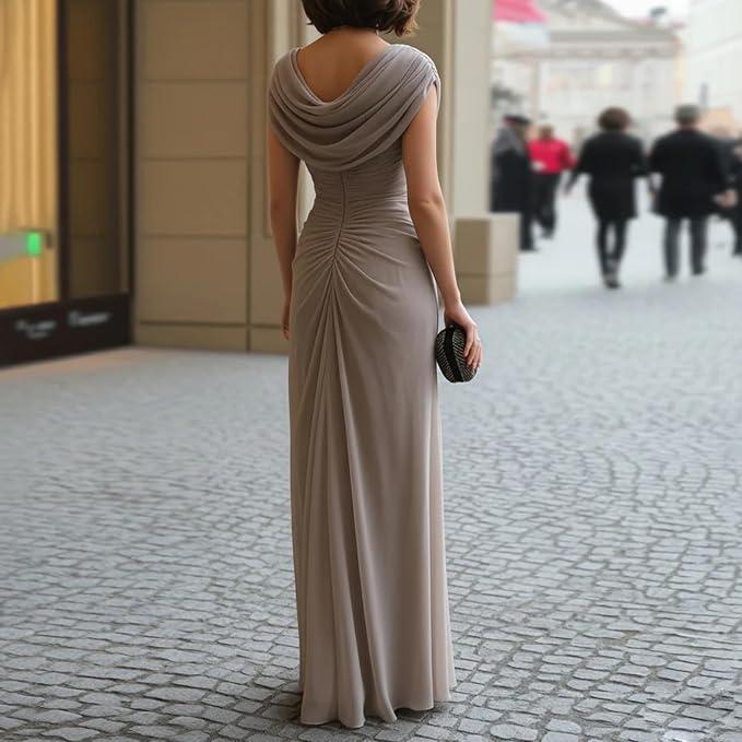 Women's Pleated Maxi Dress Draped Cowl Neck Sleeveless – Wedding Guest