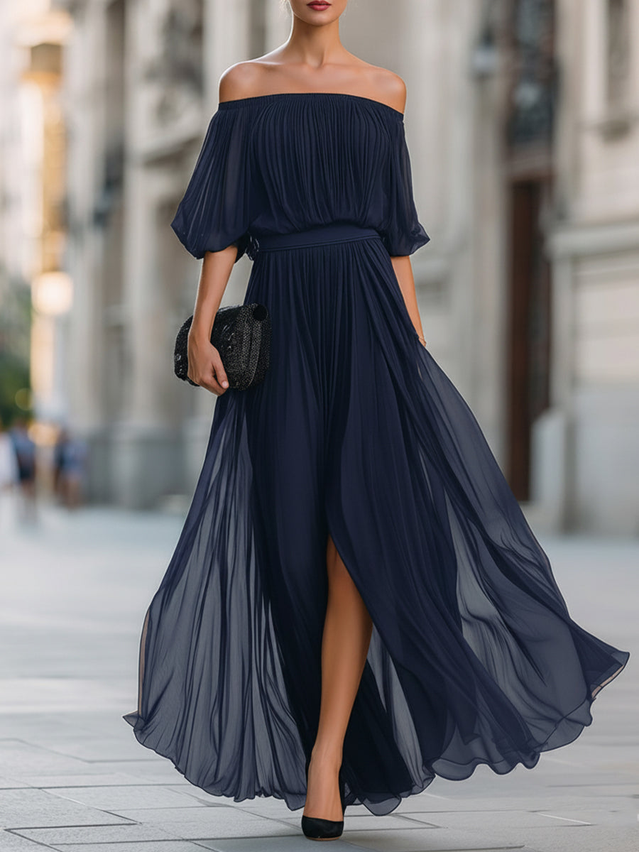 Women's Pleated Maxi Dress Off Shoulder Puff Sleeve – Wedding Guest