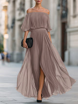 Women's Pleated Maxi Dress Off Shoulder Puff Sleeve – Wedding Guest
