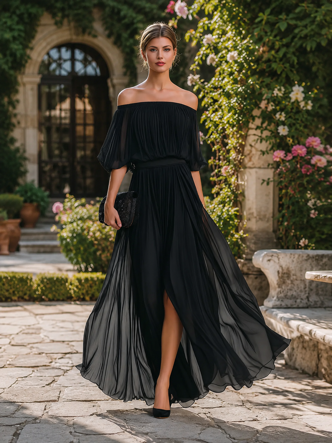 Women's Pleated Maxi Dress Off Shoulder Puff Sleeve – Wedding Guest