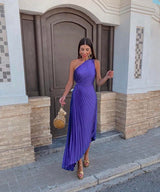 Women's Pleated Midi Dress One Shoulder Ruched Waist – Wedding Guest