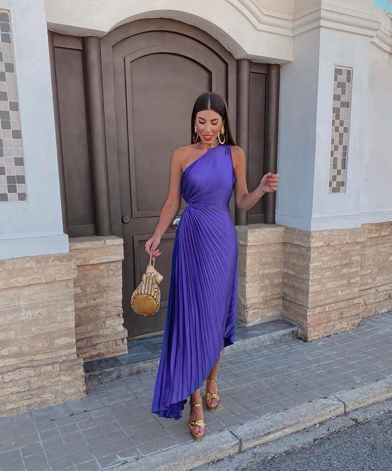 Women's Pleated Midi Dress One Shoulder Ruched Waist – Wedding Guest