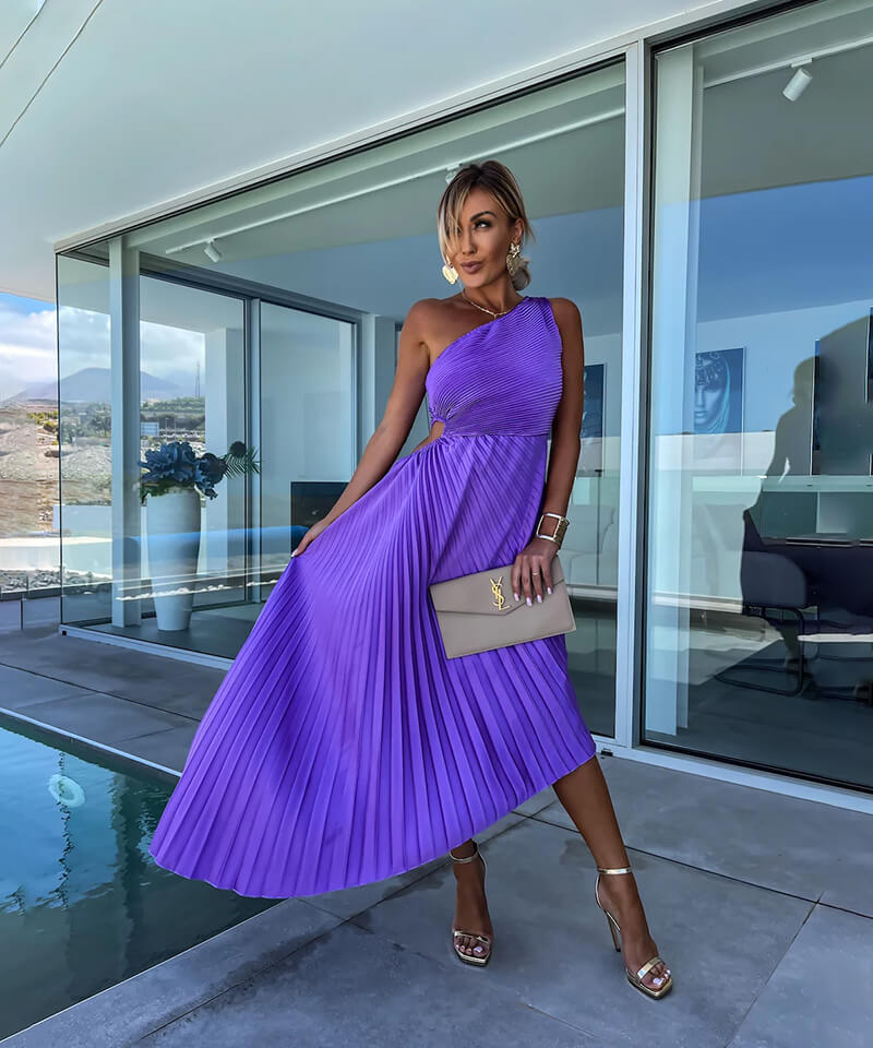 Women's Pleated Midi Dress One Shoulder Ruched Waist – Wedding Guest