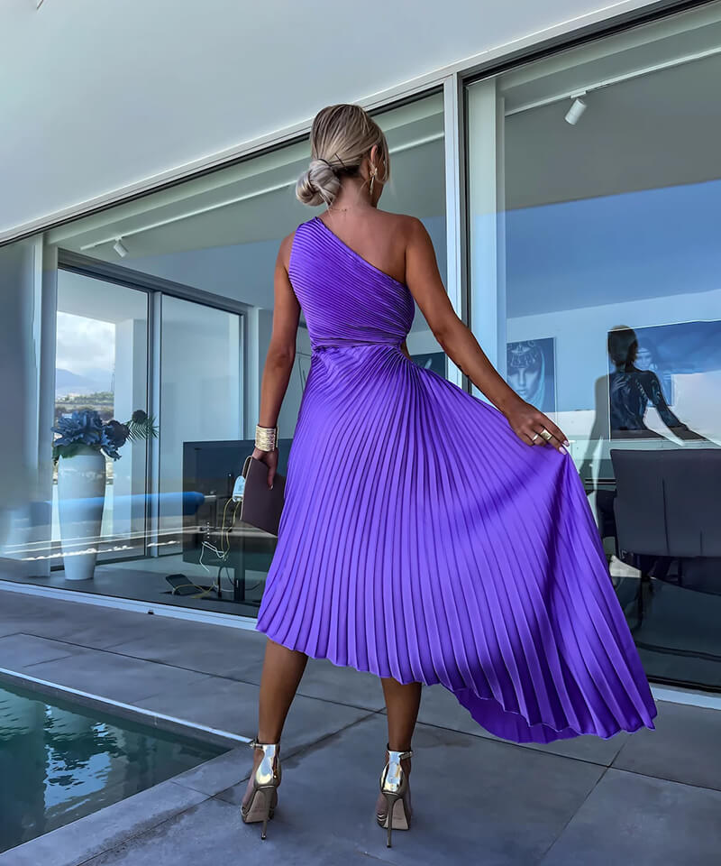 Women's Pleated Midi Dress One Shoulder Ruched Waist – Wedding Guest
