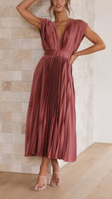 Women's Pleated Midi Dress V Neck Cap Sleeve – Wedding Guest