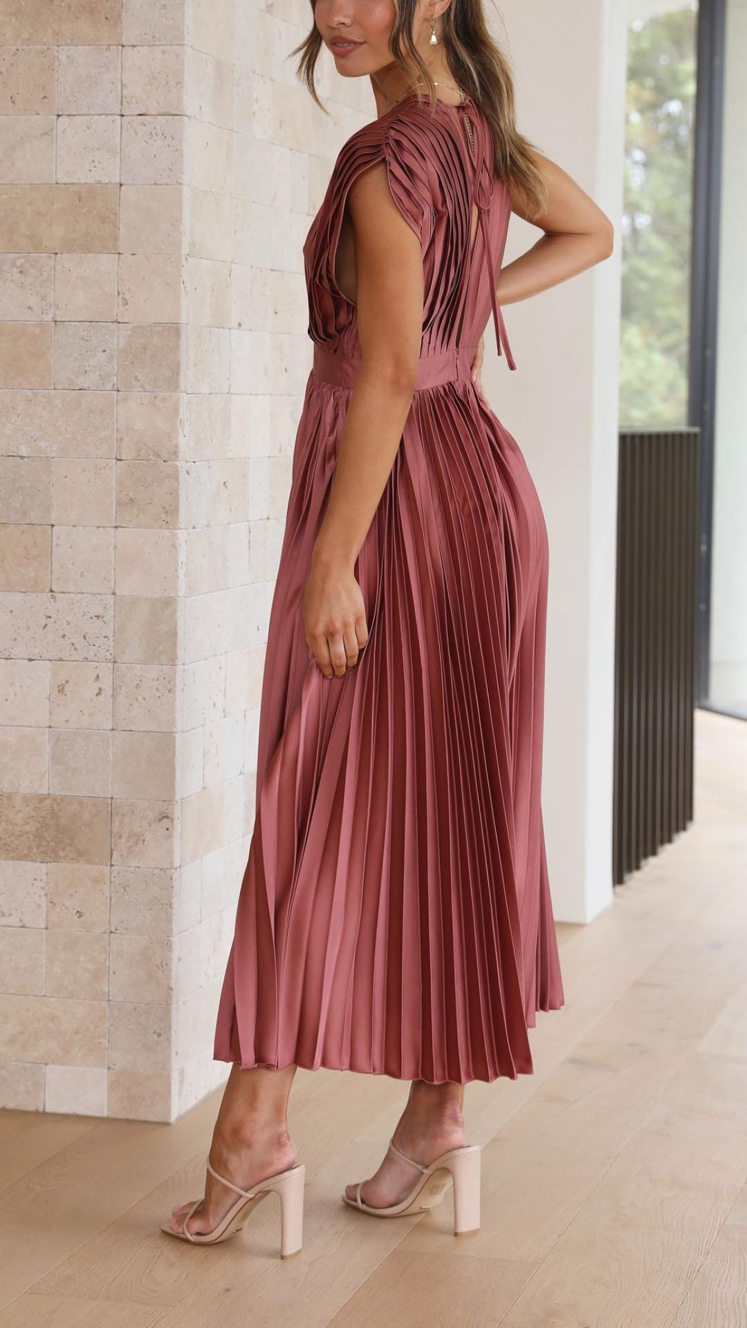 Women's Pleated Midi Dress V Neck Cap Sleeve – Wedding Guest