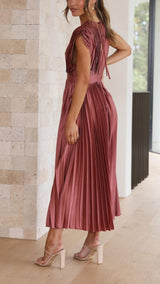 Women's Pleated Midi Dress V Neck Cap Sleeve – Wedding Guest