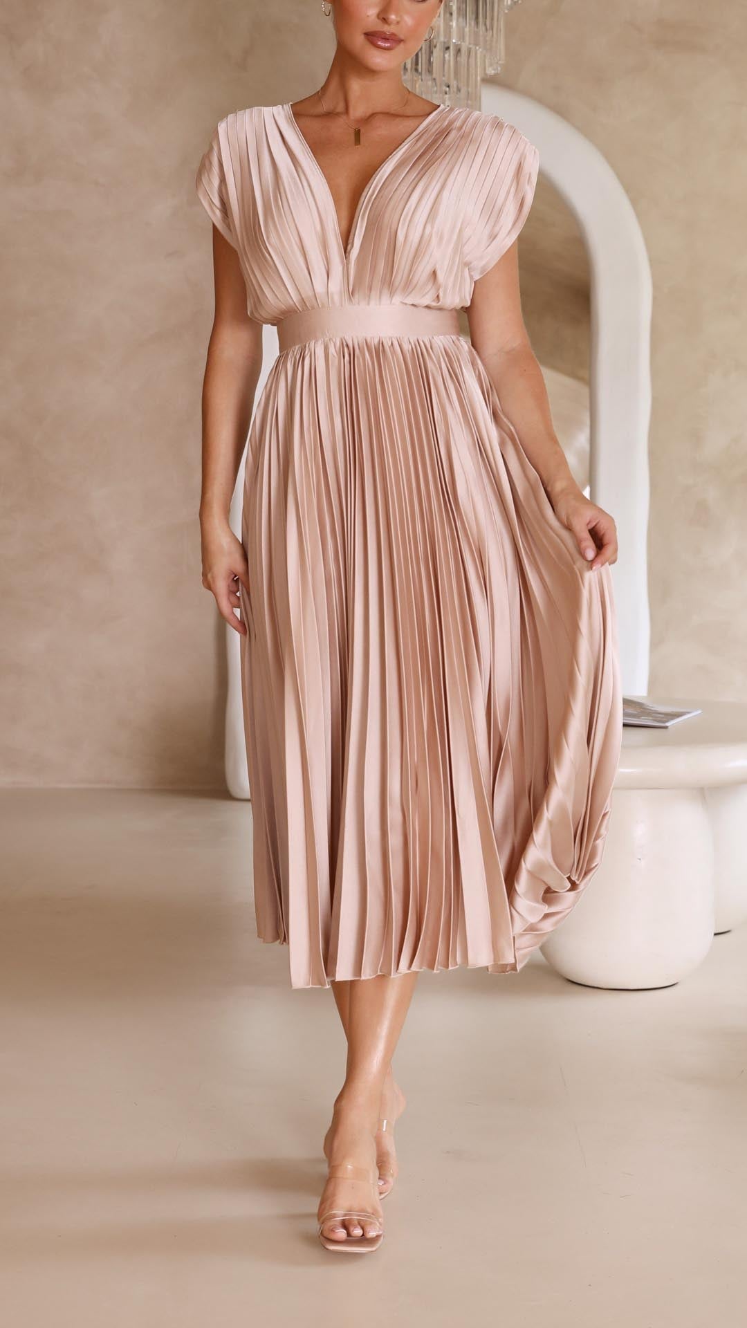 Women's Pleated Midi Dress V Neck Cap Sleeve – Wedding Guest