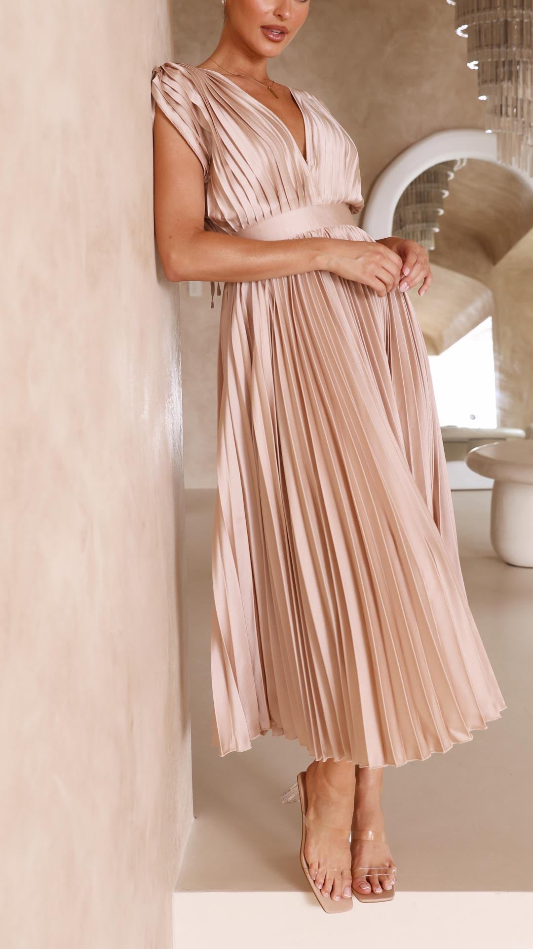 Women's Pleated Midi Dress V Neck Cap Sleeve – Wedding Guest