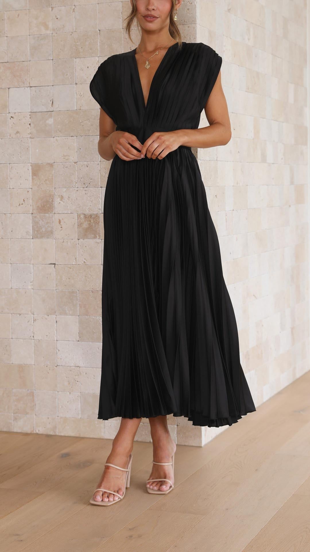 Women's Pleated Midi Dress V Neck Cap Sleeve – Wedding Guest