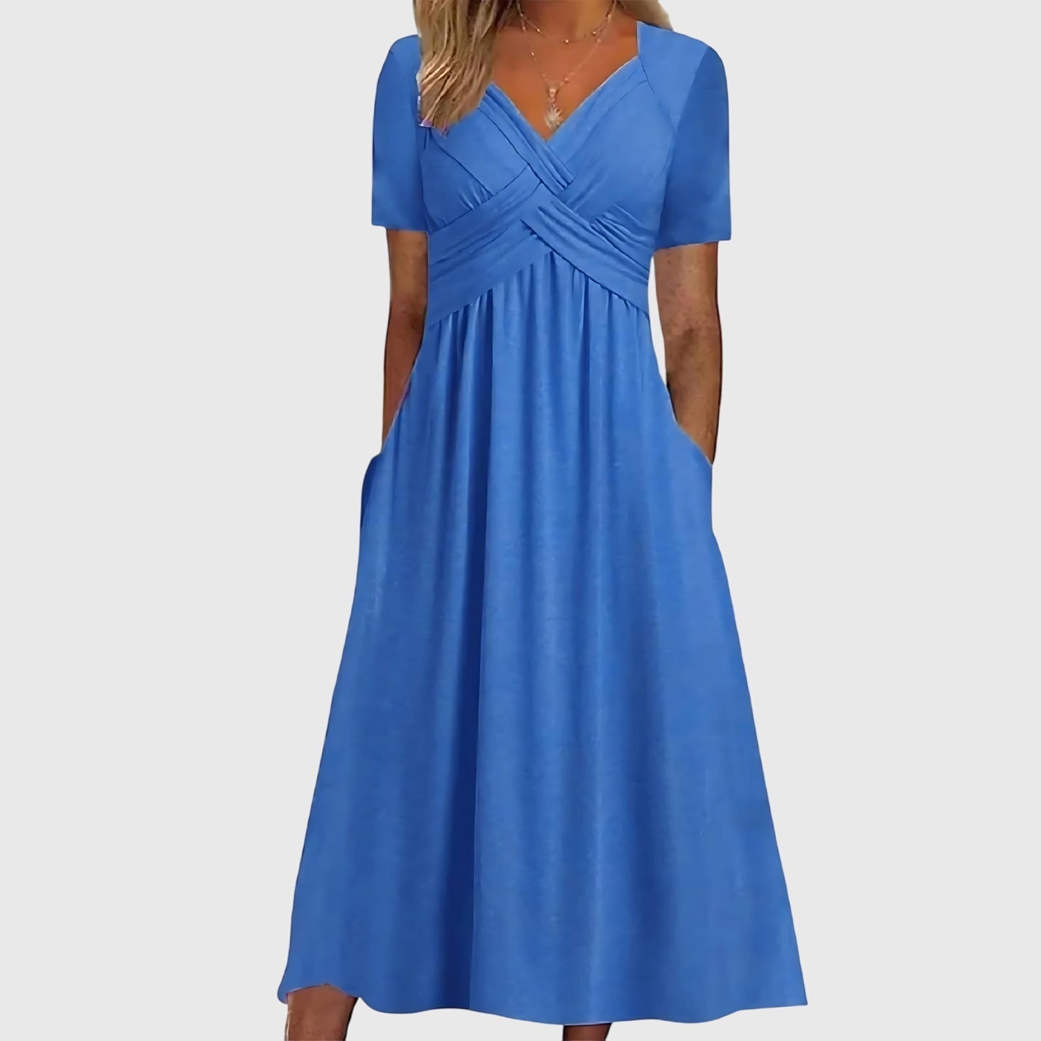 Women's Pleated Midi Dress V-Neck Short Sleeve – Daytime Gatherings