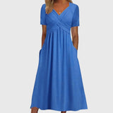 Women's Pleated Midi Dress V-Neck Short Sleeve – Daytime Gatherings