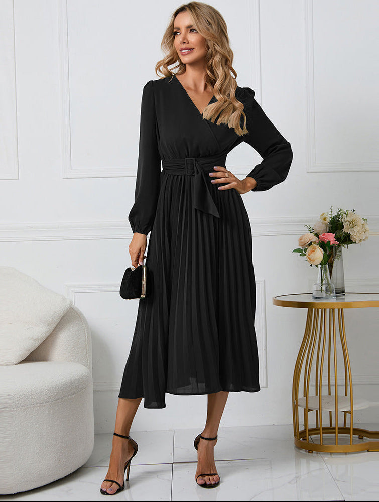 Women's Pleated Midi Dress Wrap V-Neck Long Sleeve – Cocktail Party