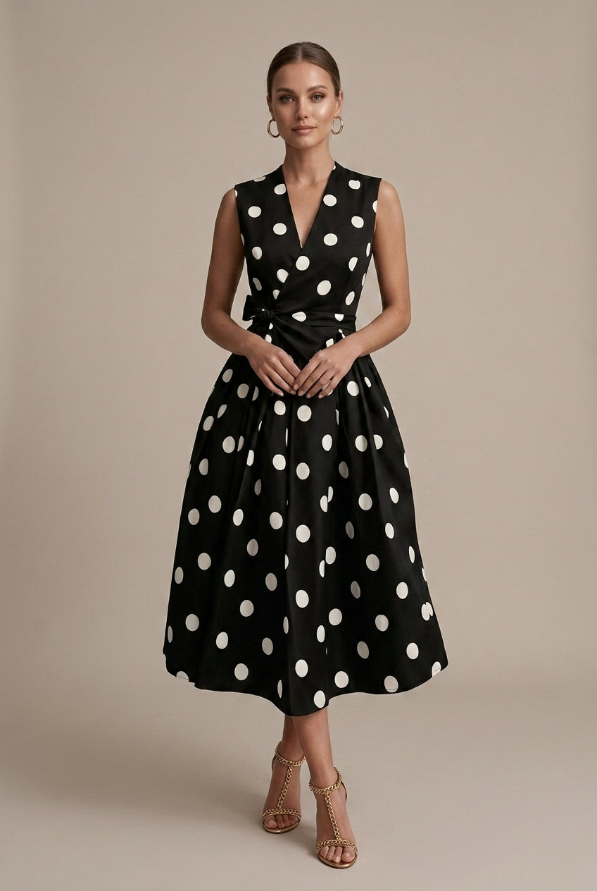Women’s Polka Dot Midi Cocktail Dress Sleeveless Tie Waist – Anniversary Dinners