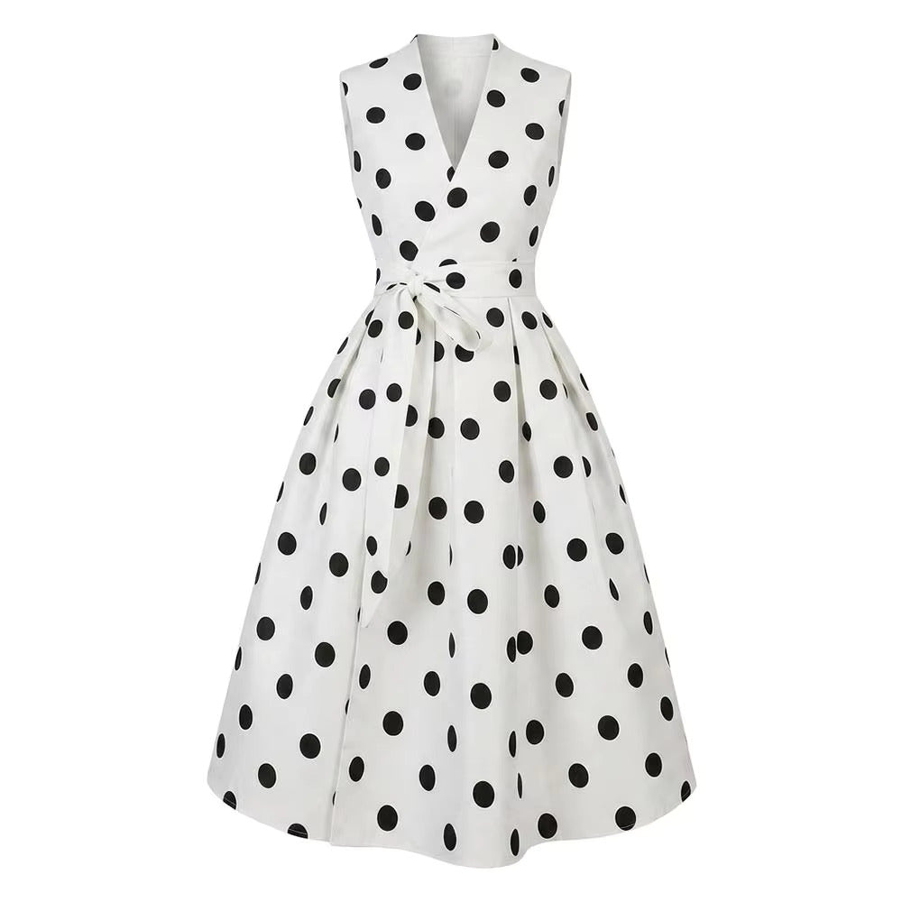 Women’s Polka Dot Midi Cocktail Dress Sleeveless Tie Waist – Anniversary Dinners