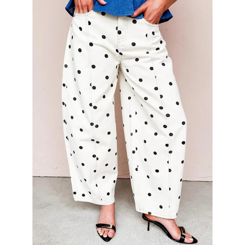 Women's Polka Dot Print High Waist Jeans Button Front Wide Leg – Going Out