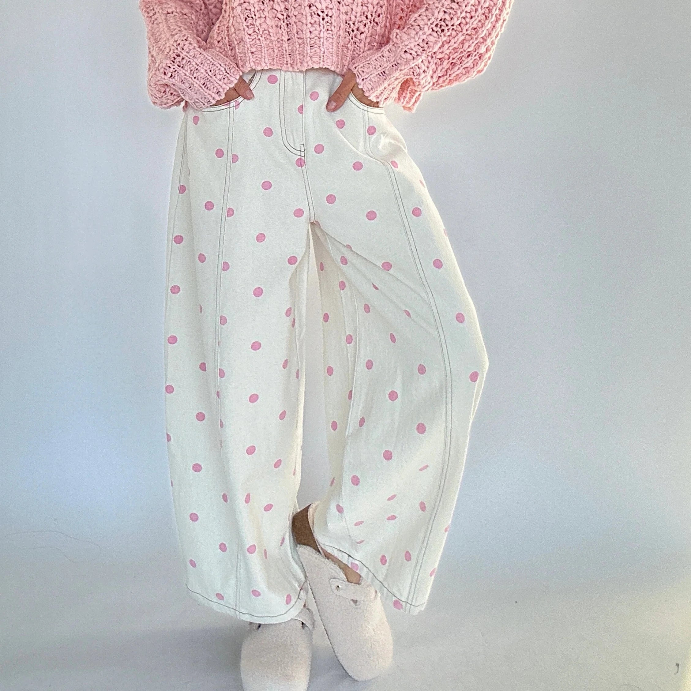 Women's Polka Dot Print High Waist Jeans Button Front Wide Leg – Going Out