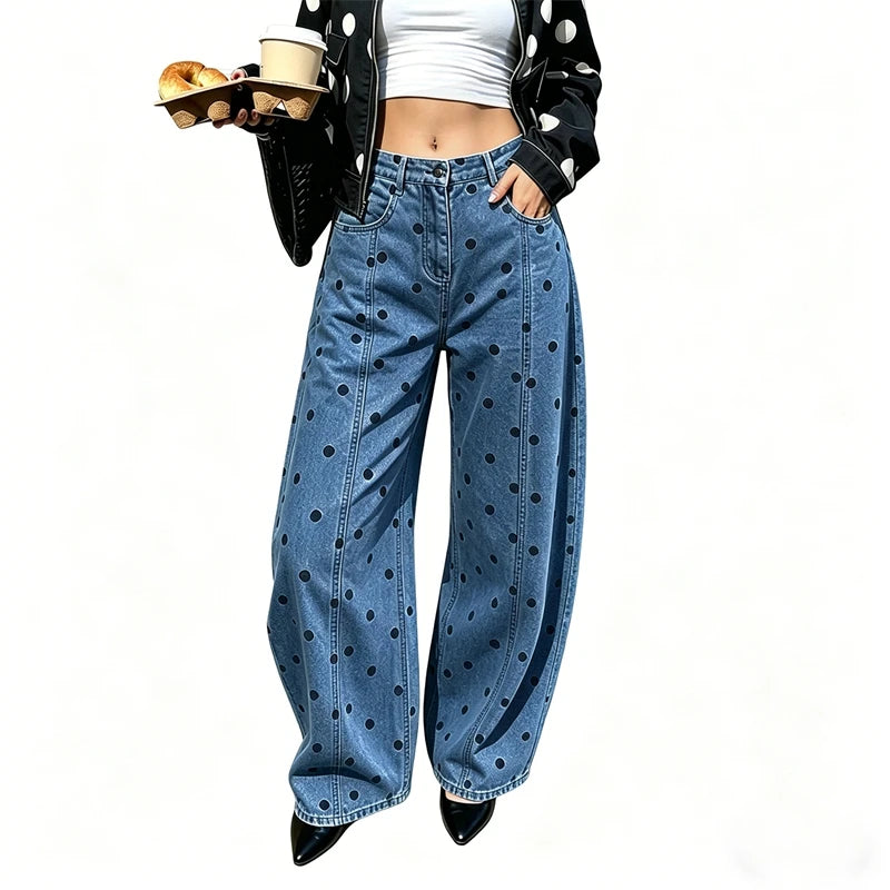 Women's Polka Dot Print High Waist Jeans Button Front Wide Leg – Going Out