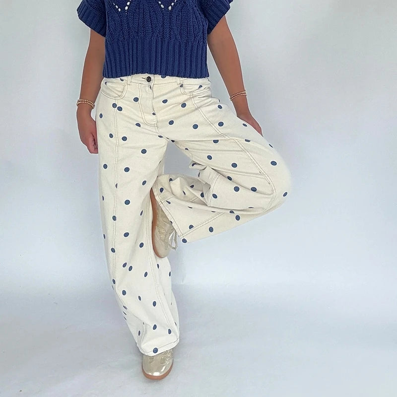 Women's Polka Dot Print High Waist Jeans Button Front Wide Leg – Going Out