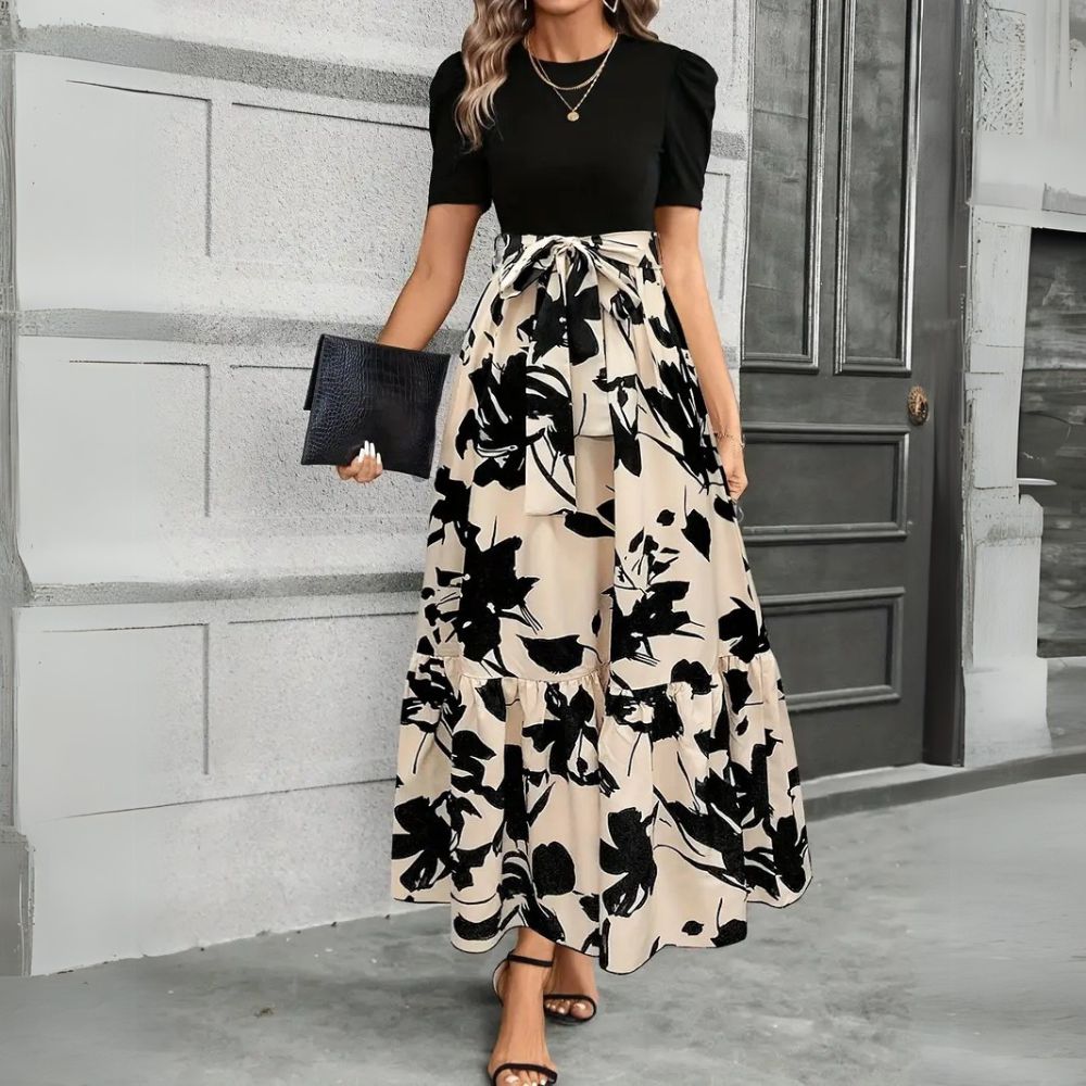 Women's Printed Maxi Dress Tie Waist Crew Neck Short Sleeve – Garden Party