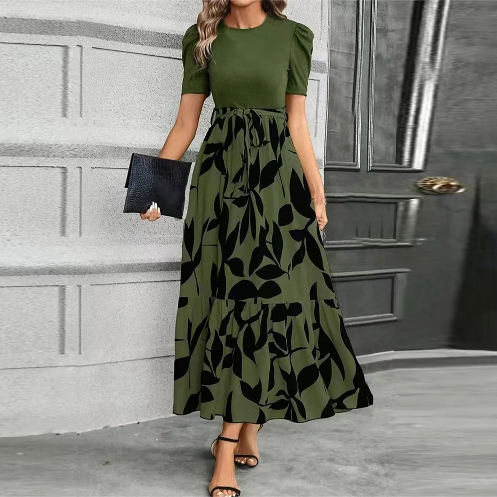 Women's Printed Maxi Dress Tie Waist Crew Neck Short Sleeve – Garden Party