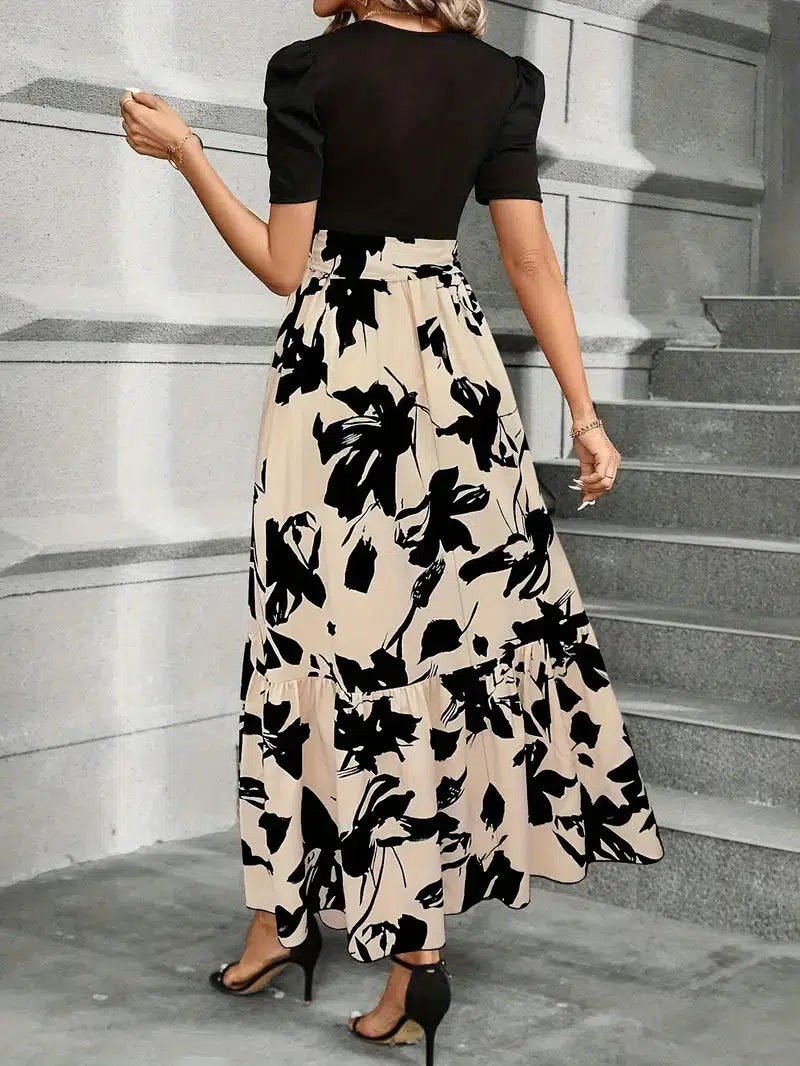 Women's Printed Maxi Dress Tie Waist Crew Neck Short Sleeve – Garden Party
