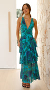 Women's Printed Maxi Dress V Neck Ruffle Sleeve Tiered – Wedding Guest