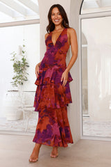 Women's Printed Maxi Dress V Neck Ruffle Sleeve Tiered – Wedding Guest