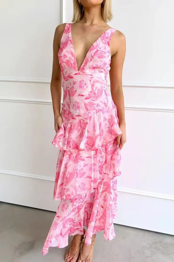 Women's Printed Maxi Dress V Neck Ruffle Sleeve Tiered – Wedding Guest