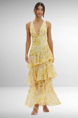 Women's Printed Maxi Dress V Neck Ruffle Sleeve Tiered – Wedding Guest
