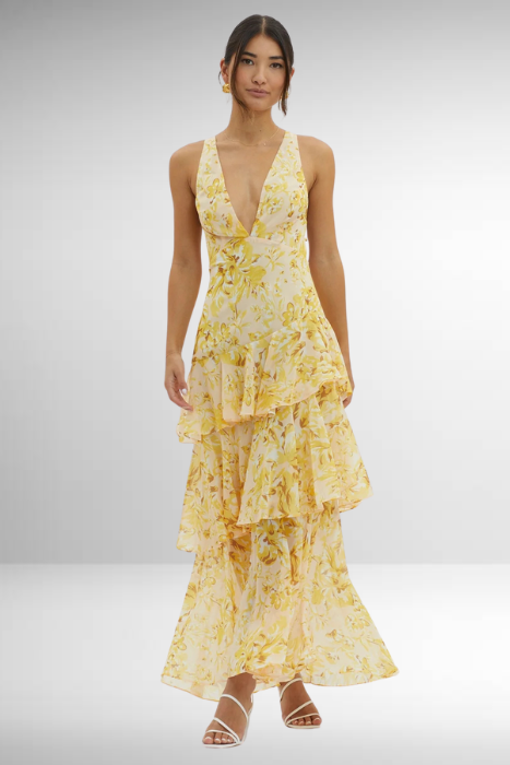 Women's Printed Maxi Dress V Neck Ruffle Sleeve Tiered – Wedding Guest