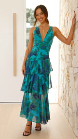 Women's Printed Maxi Dress V Neck Ruffle Sleeve Tiered – Wedding Guest
