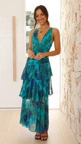 Women's Printed Maxi Dress V Neck Ruffle Sleeve Tiered – Wedding Guest