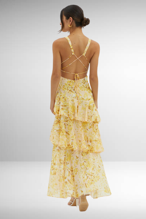 Women's Printed Maxi Dress V Neck Ruffle Sleeve Tiered – Wedding Guest
