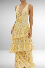 Women's Printed Maxi Dress V Neck Ruffle Sleeve Tiered – Wedding Guest