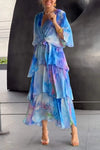 Women's Printed Maxi Dress Wrap V-Neck Tiered Flutter Sleeve – Wedding Guest