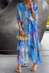 Women's Printed Maxi Dress Wrap V-Neck Tiered Flutter Sleeve – Wedding Guest