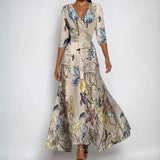 Women’s Printed Maxi Wrap Dress V-Neck Three-Quarter Sleeves – Garden Party