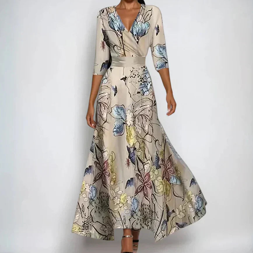 Women’s Printed Maxi Wrap Dress V-Neck Three-Quarter Sleeves – Garden Party