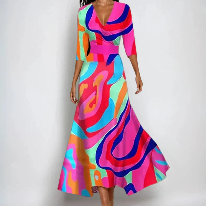 Women’s Printed Maxi Wrap Dress V-Neck Three-Quarter Sleeves – Garden Party