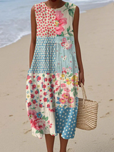 Women's Printed Midi Dress Sleeveless Round Neck – Coastal Getaway