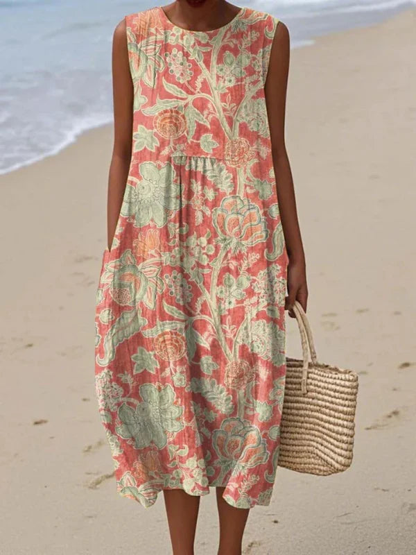Women's Printed Midi Dress Sleeveless Round Neck – Coastal Getaway