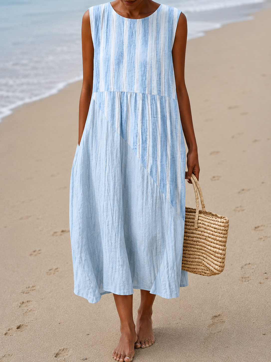 Women's Printed Midi Dress Sleeveless Round Neck – Coastal Getaway